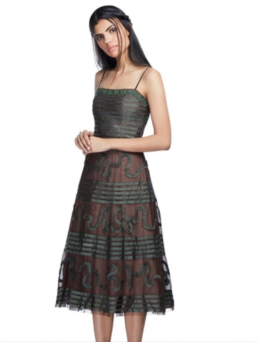 BCBGMaxAzria Midi Dress Mesh Overlay Brown & Black Cocktail Party Evening Glam S